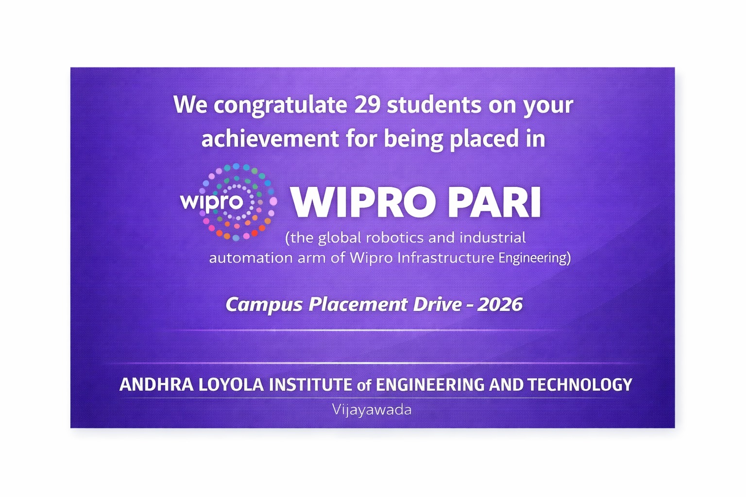 29 STUDENTS SELECTED FOR WIPRO PARI