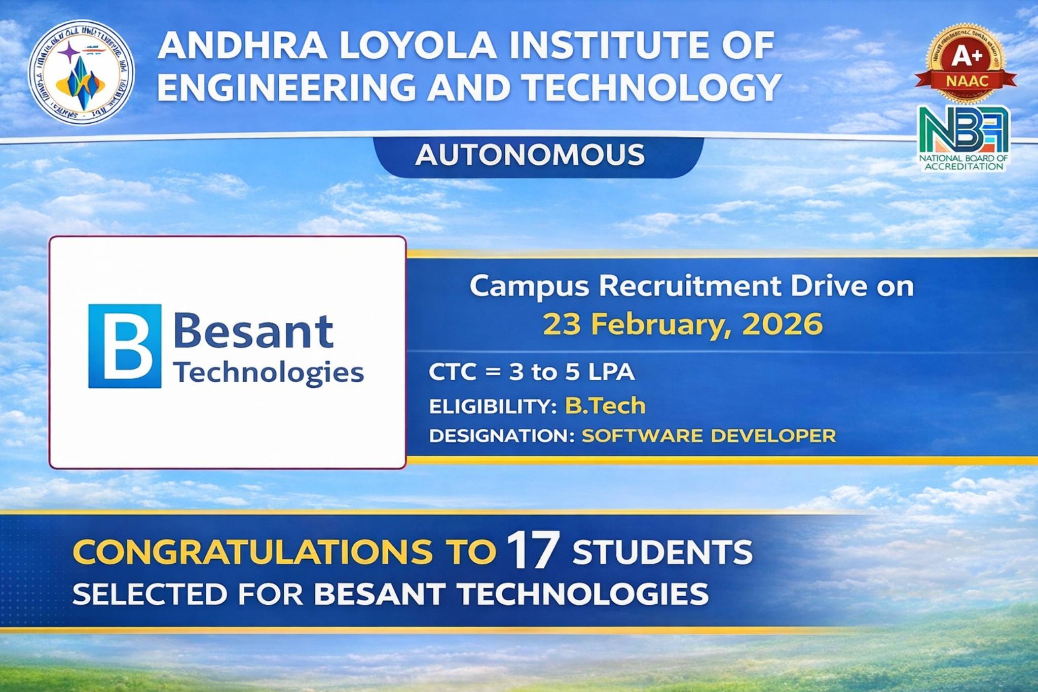 CONGRATULATIONS TO 17 STUDENTS SELECTED FOR BESANT TECHNOLGIES
