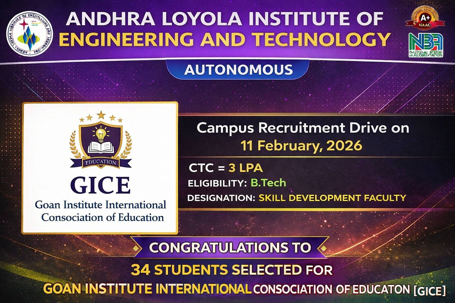 CONGRATULATIONS TO 34 SELECTED STUDENTS OF GICE